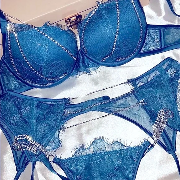 Diamond Bra Panty Lingerie Set 3-Piece Large Turquoise NEW